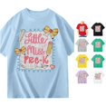 thumbnail image 1 of YMNXA Girls Blouses Back To School Cute Letter Graphic Bow Pattern Short Sleeve Top Crew Neck Breathable Loose Fit Outdoor Wear Lovely Tees,Blue,5-6 Years, 1 of 7