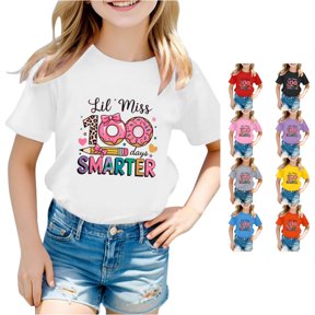YMNXA Girls' Kids Blouse Back To School Themed Colorful Letter Print Donut & Pencil Pattern Short Sleeve Crew Neck Smooth Lightweight Summer Everyday Use Graceful Tops,White,8-9 Years