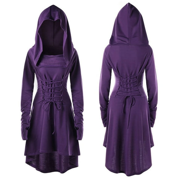 YMNXA Hooded Pullover Up Dress Long Sleeve Lace Up Solid Color Fashion Vintage Cloak Women's Dress For Party Purple L
