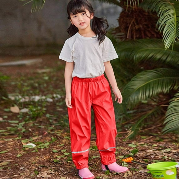 YMNXA Girls Boys Rain Pants Waterproof Mud Proof Elastic Waist Solid Color Ankle-Tied Foot Loops Comfortable Breathable Trousers,Red,1-2 Years
