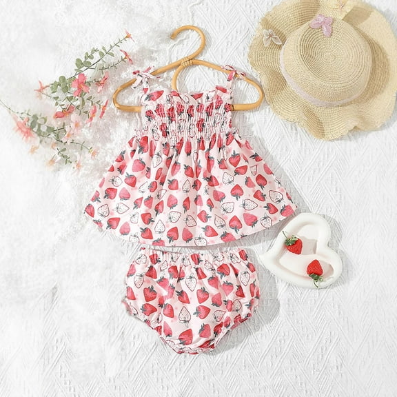 YMNXA Infants Girls Summer Outfits Spaghetti Strap Bow Strawberry Print Top Elastic Waist Shorts Comfortable Breathable Sets For Daily Wear,Red,9-12 Months