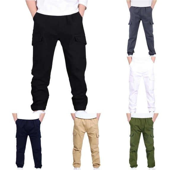 YMNXA Kids Boys Cargo Pants With Multiple Pockets Elastic Waist Solid Color Ankle-Tied Lightweight Breathable Trousers For Daily Wear,Black,10-11 Years