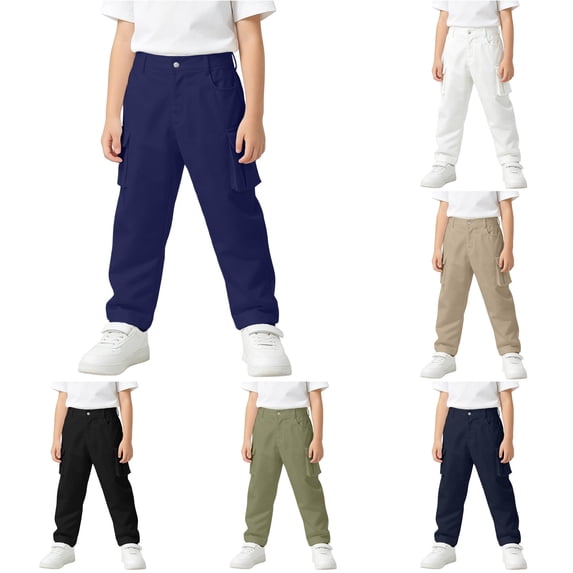 YMNXA Kids Boys Cargo Pants With Multiple Pockets High Waist Solid Color Straight Leg Lightweight Breathable Trousers For Daily Wear,Dark Blue,15-16 Years