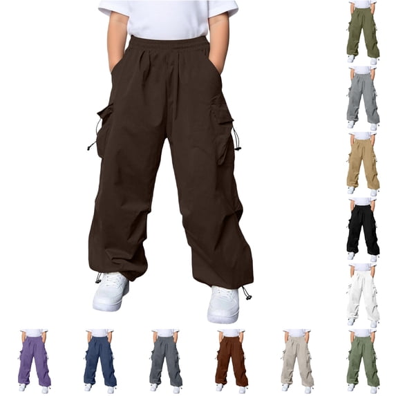 YMNXA Kids Boys Girls Outdoor Cargo Pants With Multiple Pockets Elastic Waist Solid Color Wide Leg Lightweight Breathable Trousers For Daily Wear,Brown,7-8 Years