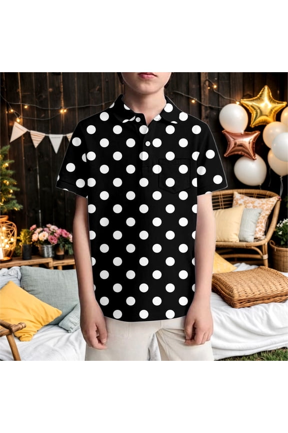 Kids Boys Polo Shirt Short Sleeve Lapel Polka Dot Print Soft Comfortable Breathable Tee Top For Casual Daily Wear,Black,7-8 Years