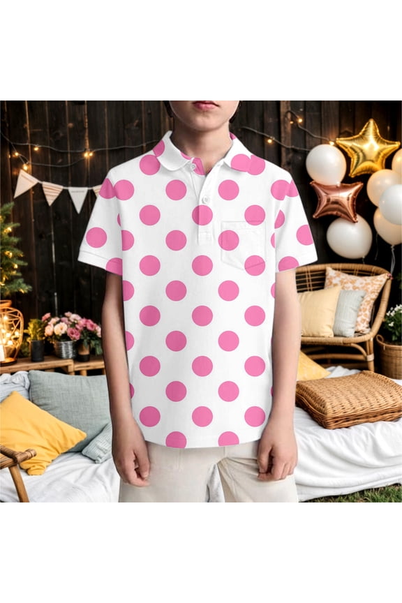 Kids Boys Polo Shirt Short Sleeve Lapel Polka Dot Print Soft Comfortable Breathable Tee Top For Casual Daily Wear,Light Pink,7-8 Years