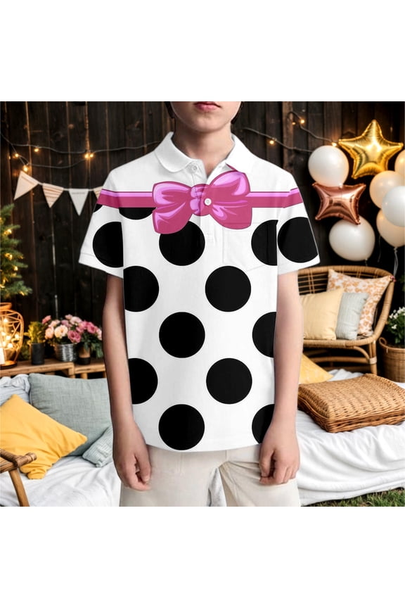 Kids Boys Polo Shirt Short Sleeve Lapel Polka Dot Print Soft Comfortable Breathable Tee Top For Casual Daily Wear,White,3-4 Years
