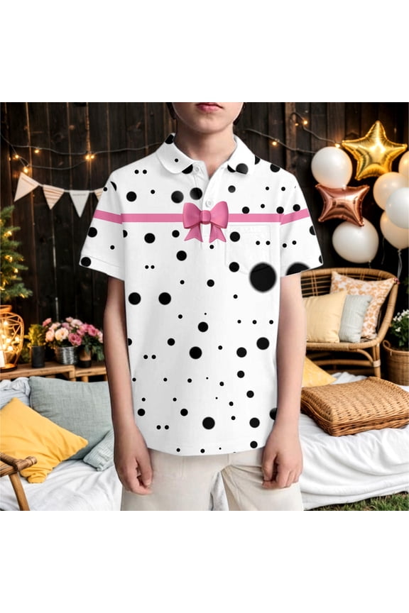 Kids Boys Polo Shirt Short Sleeve Lapel Polka Dot Print Soft Comfortable Breathable Tee Top For Casual Daily Wear,White,7-8 Years