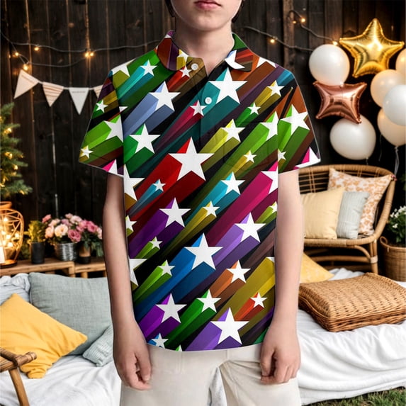 YMNXA Kids Boys Polo Shirt Short Sleeve Lapel Star Print Soft Comfortable Breathable Tee Top For Casual Daily Wear,Multicolour,7-8 Years