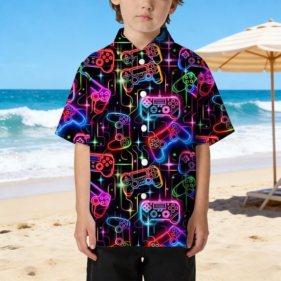 YMNXA Kids Boys Shirts Short Sleeve Lapel Graphic Print Buttons Stylish Comfortable Breathable Blouse Top For Holiday Vacation Beach,Black,6-7 Years