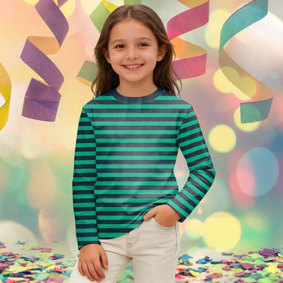 YMNXA Kids Girls Boys T Shirts Long Sleeve Round Neck Colorful Striped Print Comfortable Breathable Top For Carnival Party,Dark Green,5-6 Years