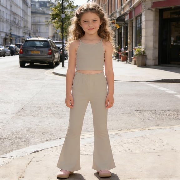 YMNXA Kids Girls Casual Pants Elastic Waist Solid Color Comfortable Stylish Flared Trousers For Daily Wear,Beige,3-4 Years