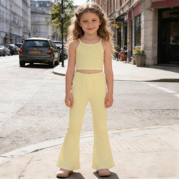 YMNXA Kids Girls Casual Pants Elastic Waist Solid Color Comfortable Stylish Flared Trousers For Daily Wear,Light Yellow,8-10 Years