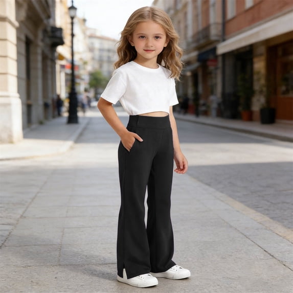 YMNXA Kids Girls Casual Pants High Waist Solid Color Wide Leg Comfortable Stylish Flared Trousers For Daily Wear,Black,6-7 Years