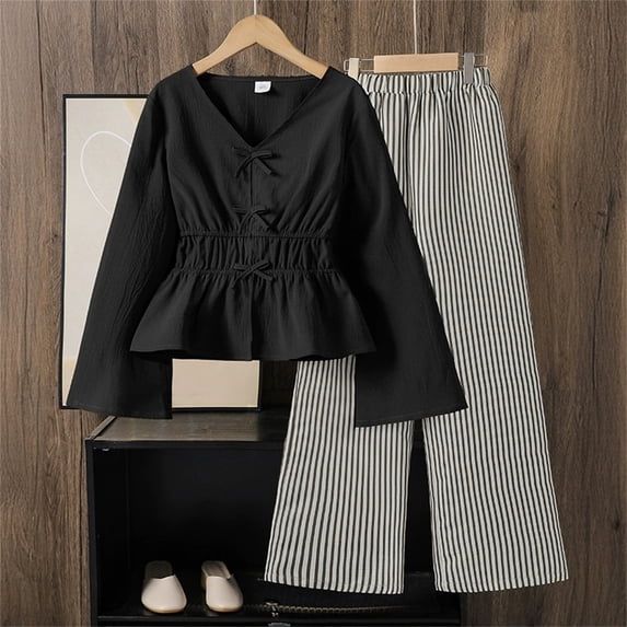 YMNXA Kids Girls Outfits Long Sleeve V Neck Blouse And Stripe Print Pants Comfortable Elegant Sets For Casual Daily Wear,Black,7-8 Years
