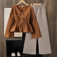 thumbnail image 1 of YMNXA Kids Girls Outfits Long Sleeve V Neck Blouse And Stripe Print Pants Comfortable Elegant Sets For Casual Daily Wear,Brown,7-8 Years, 1 of 3