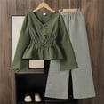 thumbnail image 1 of YMNXA Kids Girls Outfits Long Sleeve V Neck Blouse And Stripe Print Pants Comfortable Elegant Sets For Casual Daily Wear,Green,12-13 Years, 1 of 4