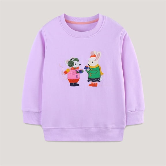 YMNXA Kids Girls Pullover Long Sleeve Crew Neck Cute Animal Embroidery Stylish Soft Sweatshirt For Casual Comfort Wear Light Purple 8 Years