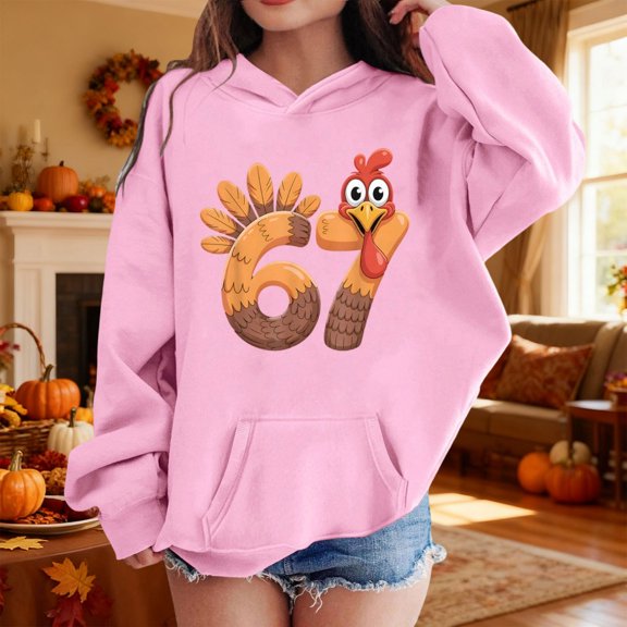 YMNXA Kids Girls Thanksgiving Hoodies With Pocket Long Sleeve Six Seven Print Loose Soft Sweatshirt For Daily Wear Pink 5-6 Years