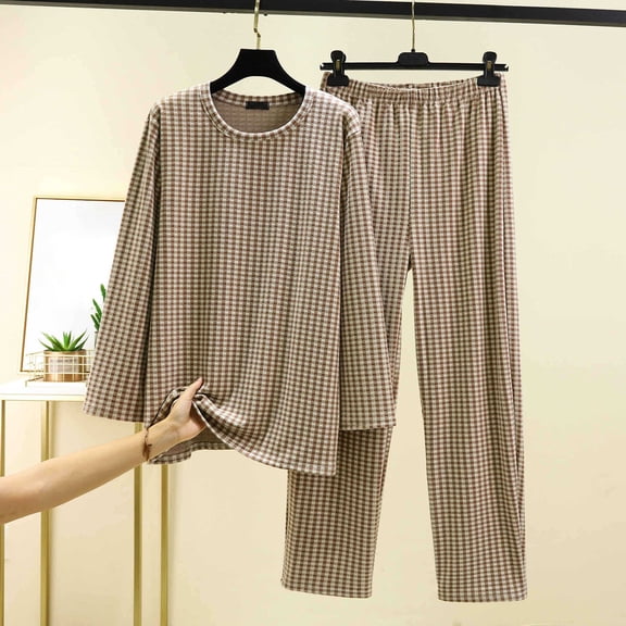 YMNXA Men'S Fuzzy Pajama Set Long Sleeve Round Neck Plaid Print Top And Pant Comfortable Soft Loungewear Outfits For Daily Wear Coffee Xl