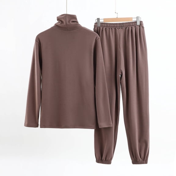 YMNXA Men'S Pajama Set Long Sleeve Turtleneck Solid Color Top And Pant Comfortable Soft Loungewear Outfits For Daily Wear Brown Xxl/05