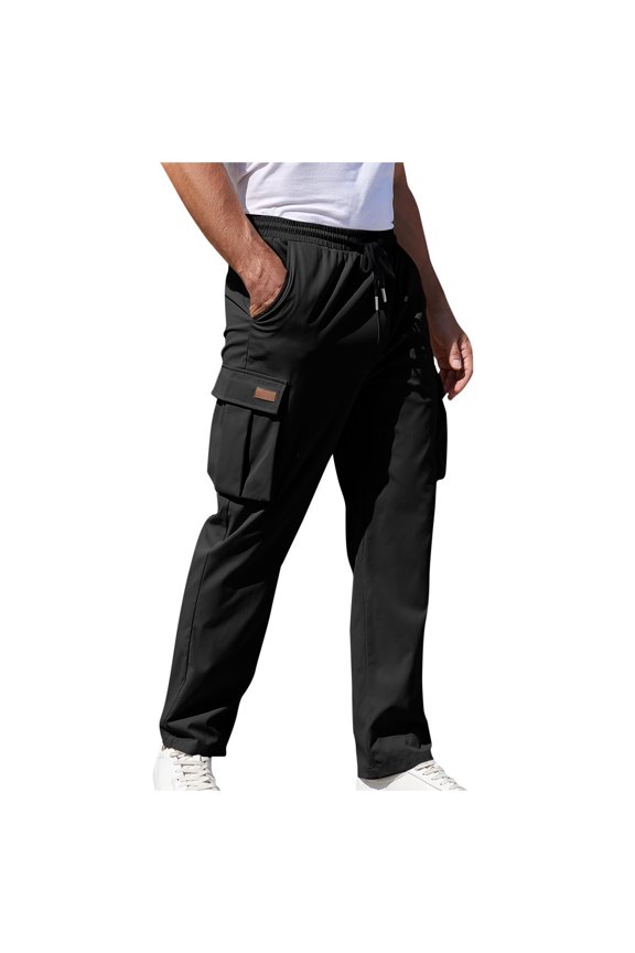 Men's Oversized Casual Pants Drawstring Elastic Waist Solid Color Retro Straight Fit Workwear Trousers Jogging With Pockets For Outdoor Daily Wear,Black,L