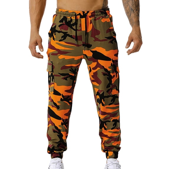 YMNXA Men's Sweatpants Drawstring Elastic Waist Camouflage Printed Straight Fit Comfortable Soft Joggers Trousers With Pockets For Daily Wear,Orange,M
