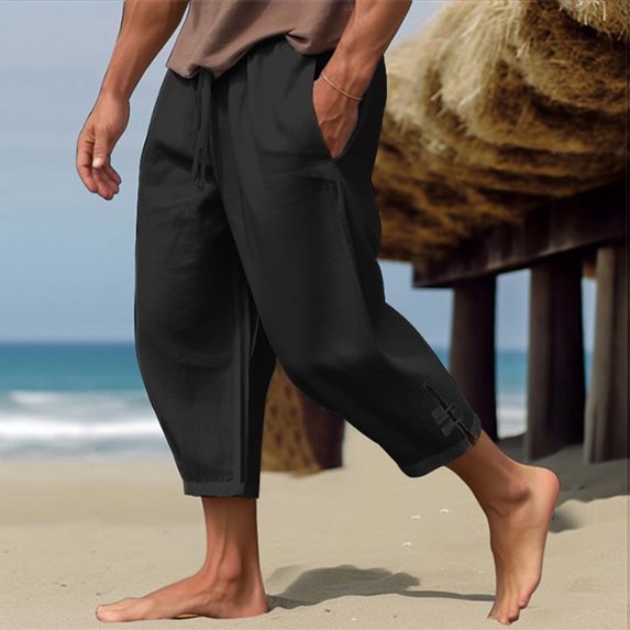 YMNXA Mens Casual Pants Drawstring Elastic Waist Solid Color Side Slit Comfortable Breathable Trousers With Pockets For Daily Wear And Beach,Black,L