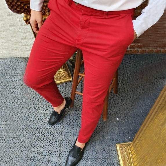 YMNXA Mens Casual Pants High Waist Solid Color Straight Leg Comfortable Fashion Trousers With Pockets For Daily Wear,Red,L