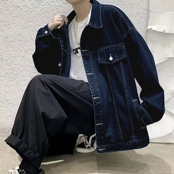 YMNXA Mens Denim Jacket Long Sleeved Lapel Solid Color Button Comfortable Fashion Coat With Pocket For Casual Daily Wear Bu1 L