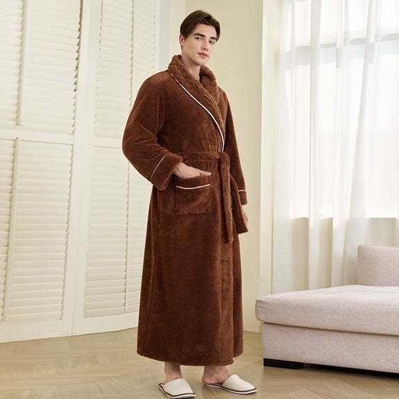 YMNXA Mens Fuzzy Bathrobe With Pocket Long Sleeve Lace Up Solid Color Elegant Soft Comfortable Homewear For Daily Wear Brown M