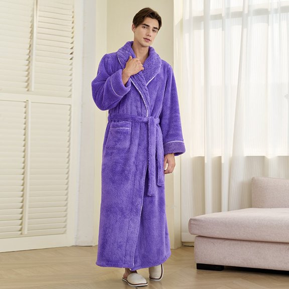 YMNXA Mens Fuzzy Bathrobe With Pocket Long Sleeve Lace Up Solid Color Elegant Soft Comfortable Homewear For Daily Wear Purple M