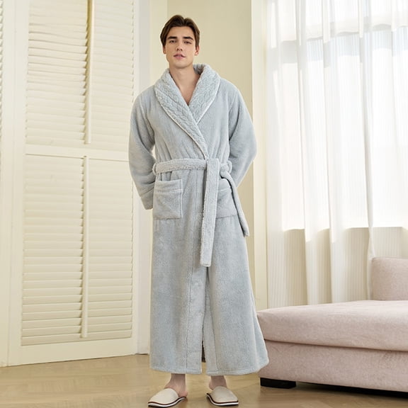 YMNXA Mens Fuzzy Bathrobe With Pocket Long Sleeve Lace Up Solid Color Elegant Soft Comfortable Homewear For Daily Wear Sky Blue M