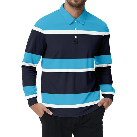 YMNXA Mens Polo Shirt Long Sleeve Lapel Button Down Striped Print Comfortable Breathable Top For Casual Daily Wear Sky Blue L
