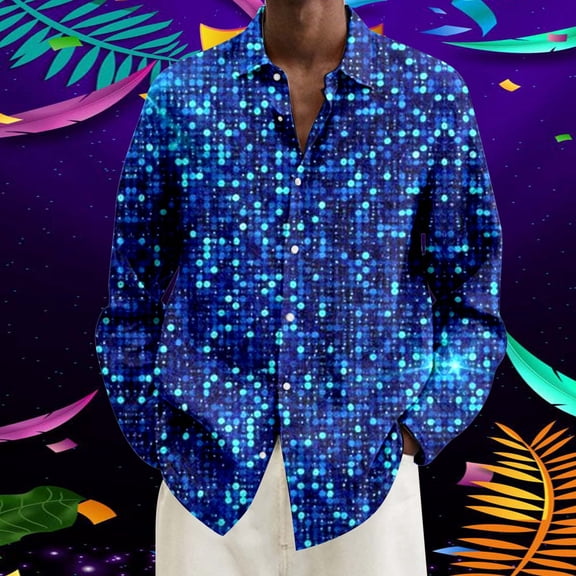 YMNXA Mens Shirts Long Sleeve Lapel Buttons Sequins Carnival Print Fashion Comfortable Loose Blouse For Casual Daily Wear Blue Xxxxl