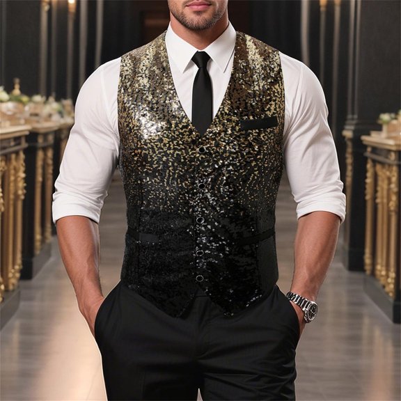 YMNXA Mens Suit Vest Sleeveless V Neck Gradient Sequined Buttons Comfortable Fashion Top For Performance Gold Xxl