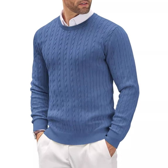 YMNXA Mens Sweaters Long Sleeve Round Neck Solid Color Knitted Fashion Comfortable Slim Fit Top For Casual Daily Wear Blue M