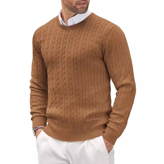 YMNXA Mens Sweaters Long Sleeve Round Neck Solid Color Knitted Fashion Comfortable Slim Fit Top For Casual Daily Wear Brown Xl
