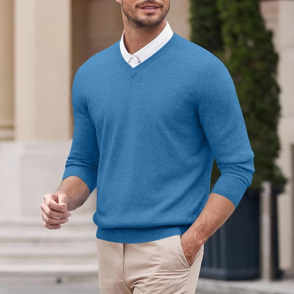YMNXA Mens Sweaters Long Sleeve V Neck Solid Color Knitted Fashion Comfortable Top For Casual Daily Wear Blue S