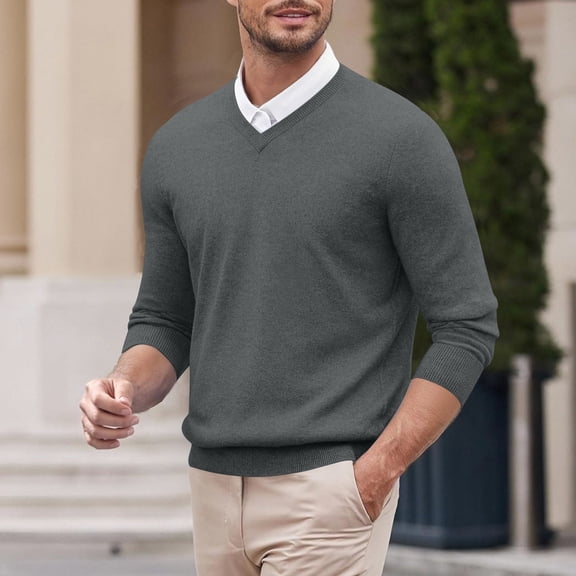 YMNXA Mens Sweaters Long Sleeve V Neck Solid Color Knitted Fashion Comfortable Top For Casual Daily Wear Dark Gray S