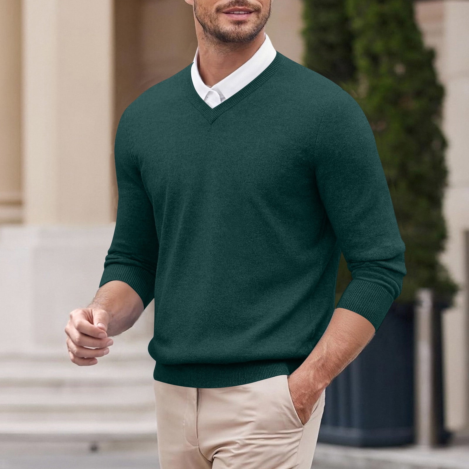 YMNXA Mens Sweaters Long Sleeve V Neck Solid Color Knitted Fashion