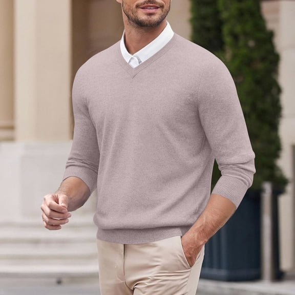 YMNXA Mens Sweaters Long Sleeve V Neck Solid Color Knitted Fashion Comfortable Top For Casual Daily Wear Khaki S