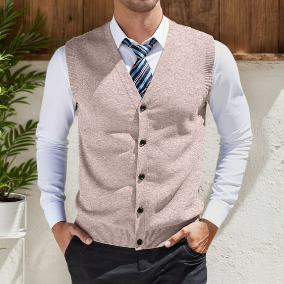YMNXA Mens Sweaters Vest Sleeveless V Neck Solid Color Buttons Knitted Comfortable Slim Fit Top For Casual Daily Wear Khaki Xl