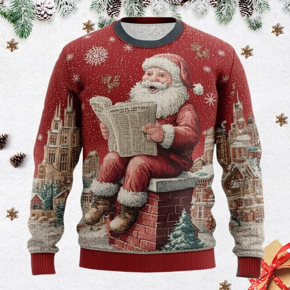 YMNXA Mens Sweatshirt Knit Ribbed Long Sleeve Crew Neck Print Stylish Comfortable Warm Pullover For Casual And Festive Occasions Red L