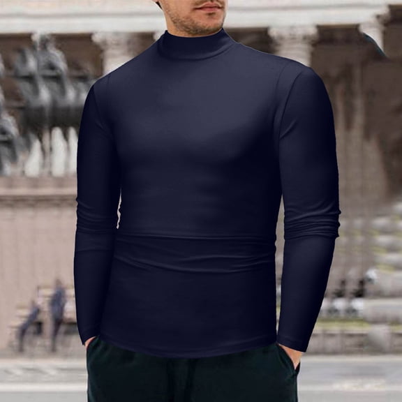 YMNXA Mens T Shirts Long Sleeved Turtleneck Solid Color Comfortable Breathable Top For Casual Daily Wear Navy L