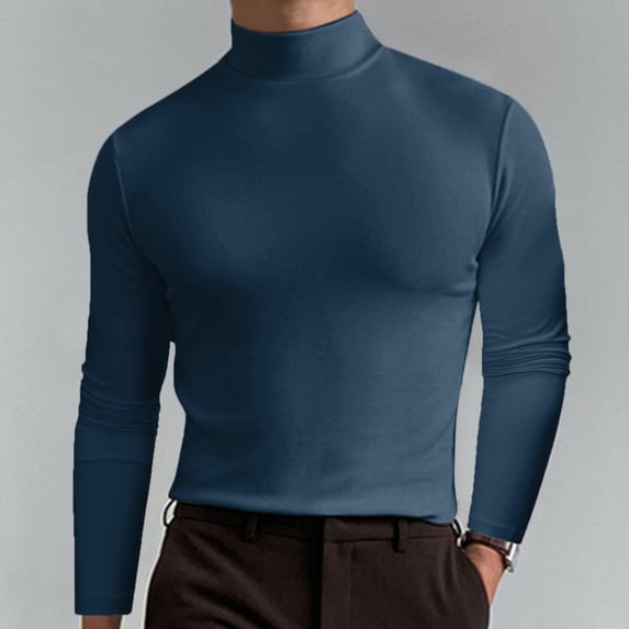 YMNXA Mens T Shirts Long Sleeved Turtleneck Solid Color Comfortable Breathable Top For Casual Daily Wear Navy Xl
