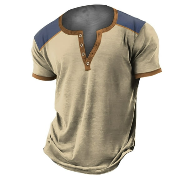 YMNXA Mens T Shirts Short Sleeved V Neck Color Block Comfortable Breathable Top For Casual Daily Wear Khaki M