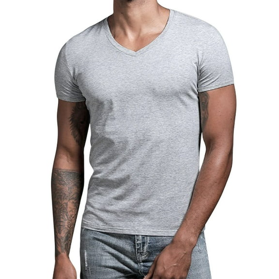 YMNXA Mens T Shirts Short Sleeved V Neck Solid Color Comfortable Breathable Top For Daily Wear And Outings Grey S