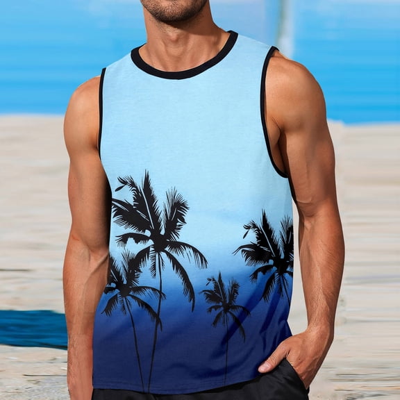 YMNXA Mens Vest Sleeveless Round Neck Coconut Tree Print Comfortable Breathable Tank Top For Holiday Vacation Beach Light Blue Xl