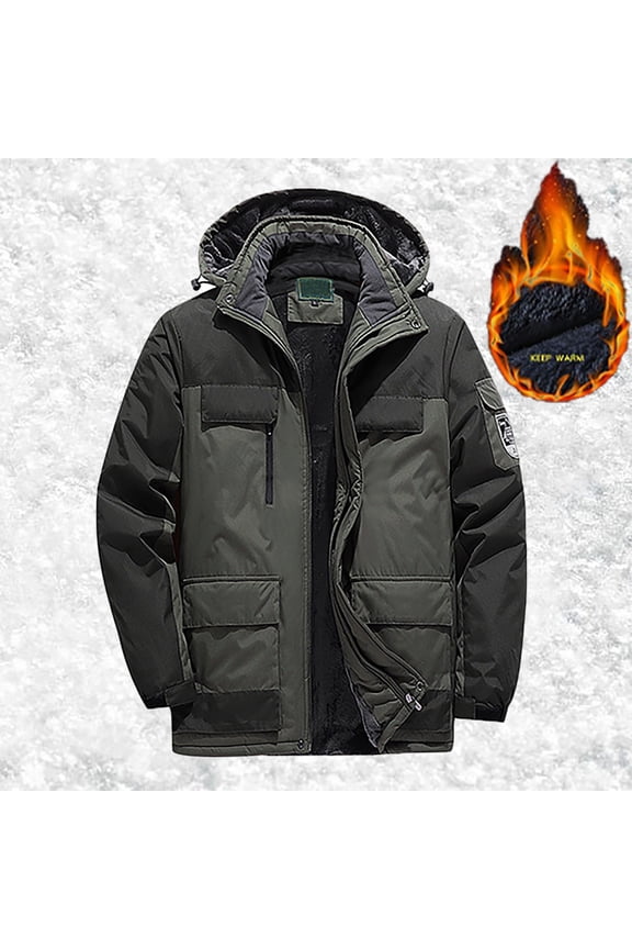 Mens Winter Coats With Hood Long Sleeve Color Block Zip Up Plush Thickened Warm Ski Jacket For Outdoor Hiking Army Green 8Xl